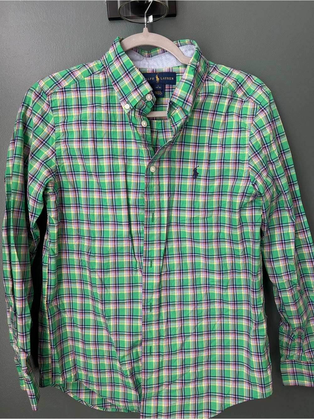 Ralph Lauren Boy’s Green Plaid Button-Down Shirt with Navy Logo